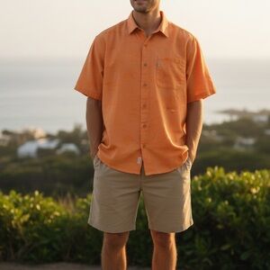 Columbia Mens River Lodge Button Up Shirt Hiking Fishing Orange Fish Print XL